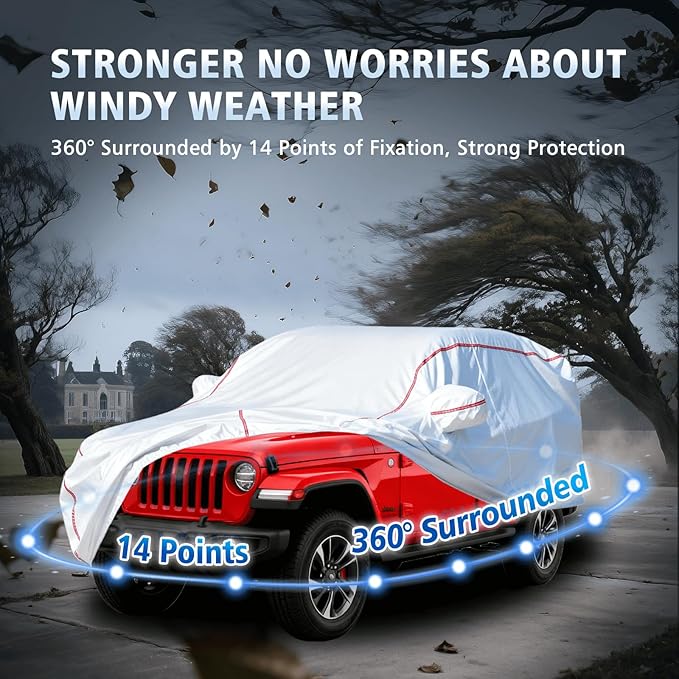 Car Cover Waterproof All Weather for Jeep Wrangler 4-Door 2006-2025,All-Around Fastening and 4 Upgrades, 60s Quick-Install for Car Cover