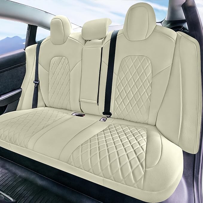 FH Group Custom Fit Car Seat Covers Specifically Made for 2017–2023 Tesla Model 3 Rear Set Solid Beige Ultraflex Neoprene Car Seat Covers, Waterproof Automotive Seat Covers, Tesla Accessories