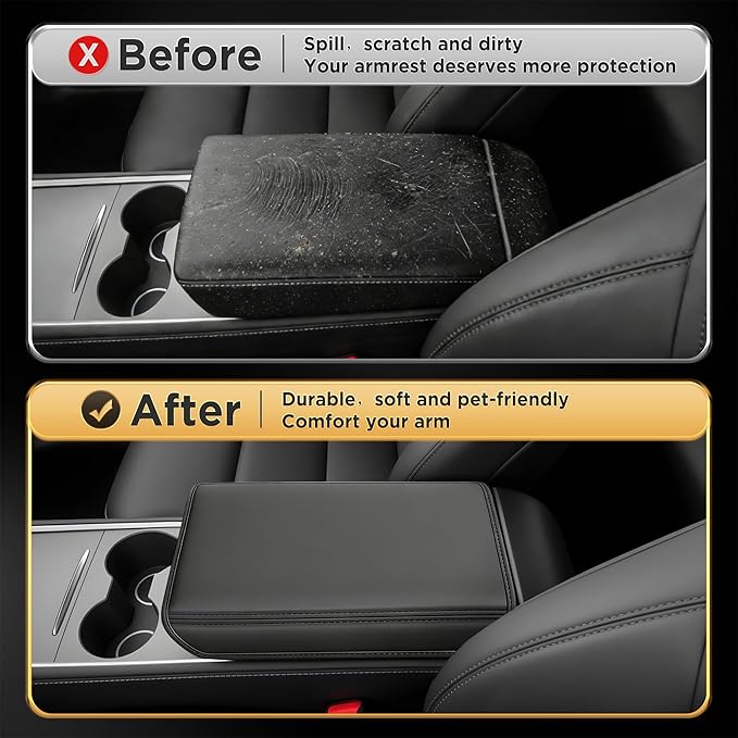 for Tesla Model Y (2020-2024) & Model 3(2021-2023) Leather Center Console Cover [Soft Touch & Match Seat Color] Armrest Cover for Tesla Model 3 & Model Y Accessories Black