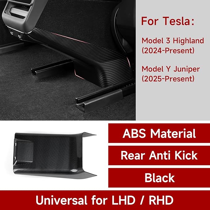 Car Rear Anti Kick Cover Protector Trim Carbon Color ABS Decal Sticker for Tesla Model 3 Highland 2024 2025 2026 / Model Y Juniper 2025 2026 Interior Accessories