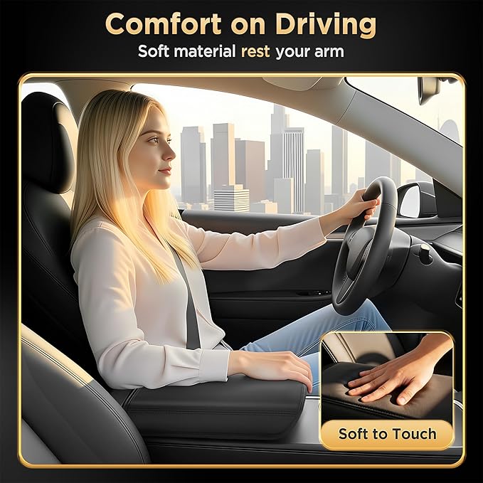 for Tesla Model Y (2020-2024) & Model 3(2021-2023) Leather Center Console Cover [Soft Touch & Match Seat Color] Armrest Cover for Tesla Model 3 & Model Y Accessories Black