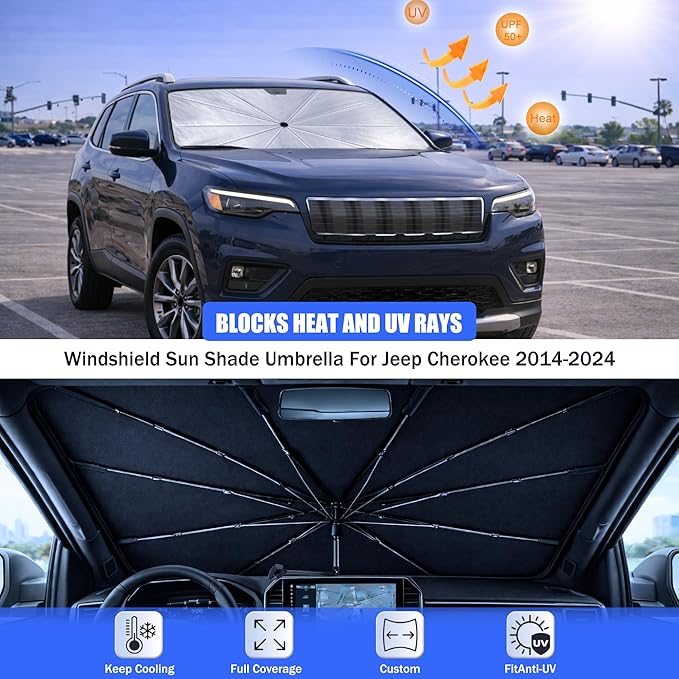 2026 Upgraded Car Windshield Sun Shade Umbrella - Custom-Fit for Jeep Cherokee 2014-2024 Umbrella Sunshade,Easy Install,UV Protection & Heat Reflective,Keep Interior Cooler with Storage Bag