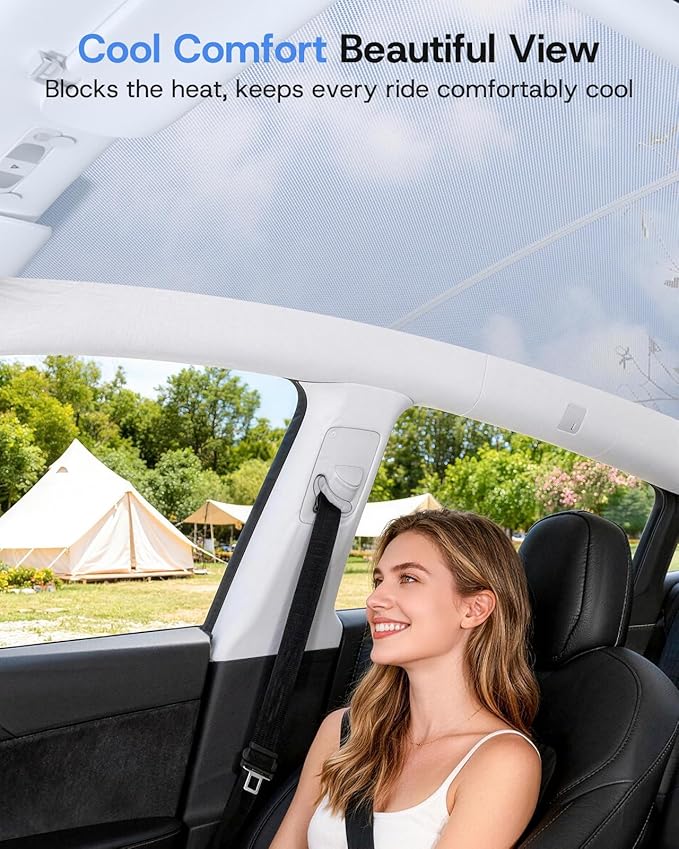 Upgraded Sunshade Roof for Tesla Model Y Juniper Accessories 2025 2026, [Mesh Fabric& No-Sag & Magnetic Design] Heat Insulation Class Roof Sun Shade for Tesla Model Y Accessories, Gray, 2PCS