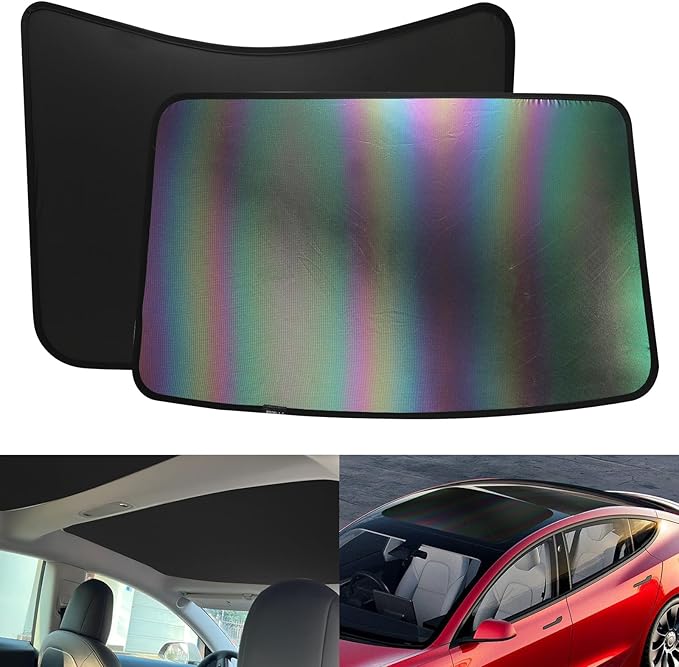 [2024 Upgrade] Sunshade Roof for Tesla Model 3 2024, Colorful Ice Crystal Glass Roof Sunshade, No-Sag Design, Retractable, Heat Insulation, Snap Foldable (Black)