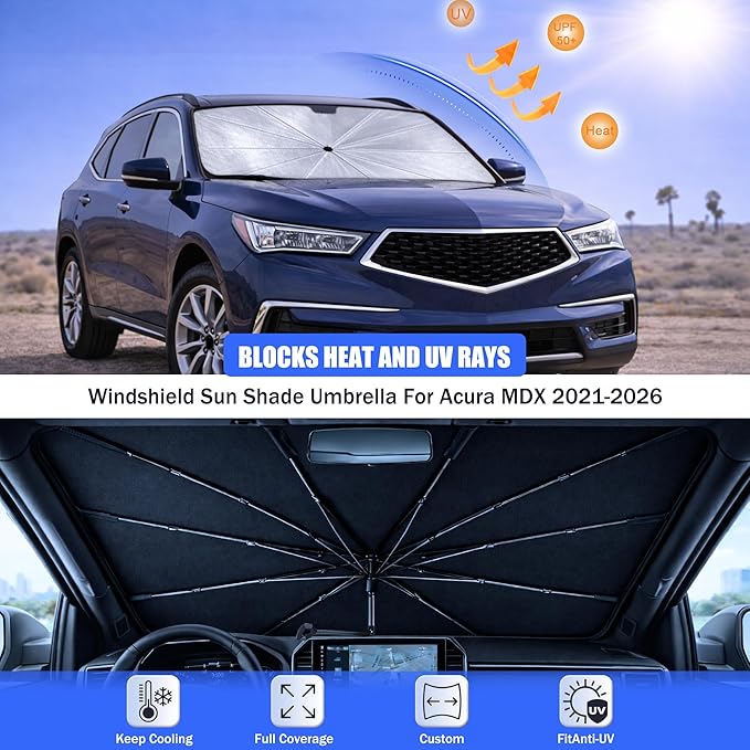2026 Upgraded Car Windshield Sun Shade Umbrella - Custom-Fit for Acura MDX 2021-2026 Umbrella Sunshade,Easy Install,UV Protection & Heat Reflective,Keep Interior Cooler with Storage Bag