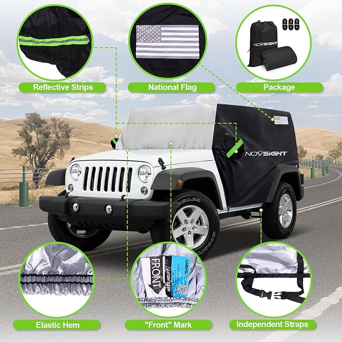 NOVSIGHT Cab Cover for Jeep Wrangler 4 Doors - 2007-2025 CJ, TJ, JK, JL, All Weather Half Car Covers for Wrangler 4 Door with 3 Straps Anti-UV Windproof Rain-Proof Auto Cover with Storage Bag