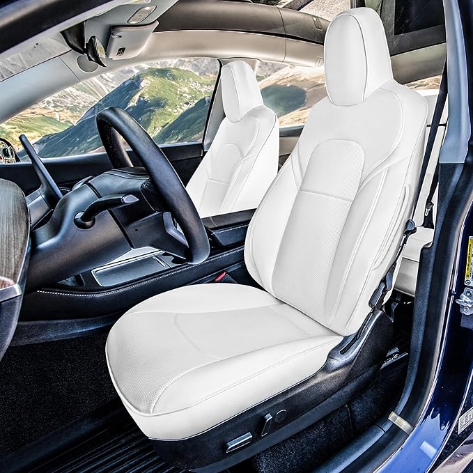 FH Group Custom Fit Car Seat Covers Specifically Made for 2017–2023 Tesla Model 3 Rear Set Solid White Faux Leather Car Seat Covers, Waterproof Automotive Seat Covers, Tesla Accessories