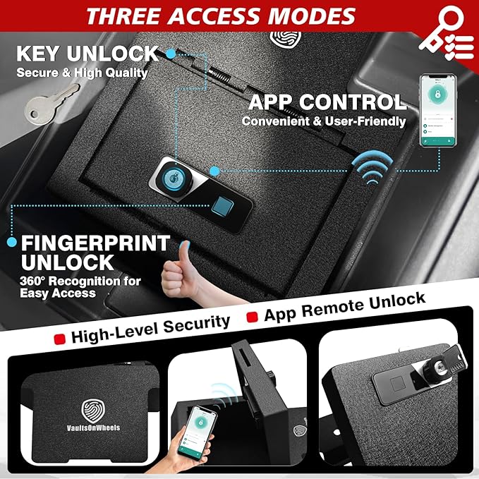 VaultsOnWheels for 2026 2025 2024 Chevrolet Silverado EV/GMC Sierra EV Center Console Safe Gun Safe Vault Hidden Console Storage LockBox Anti-Theft Pry-Proof High Security Biometric Fingerprint Lock
