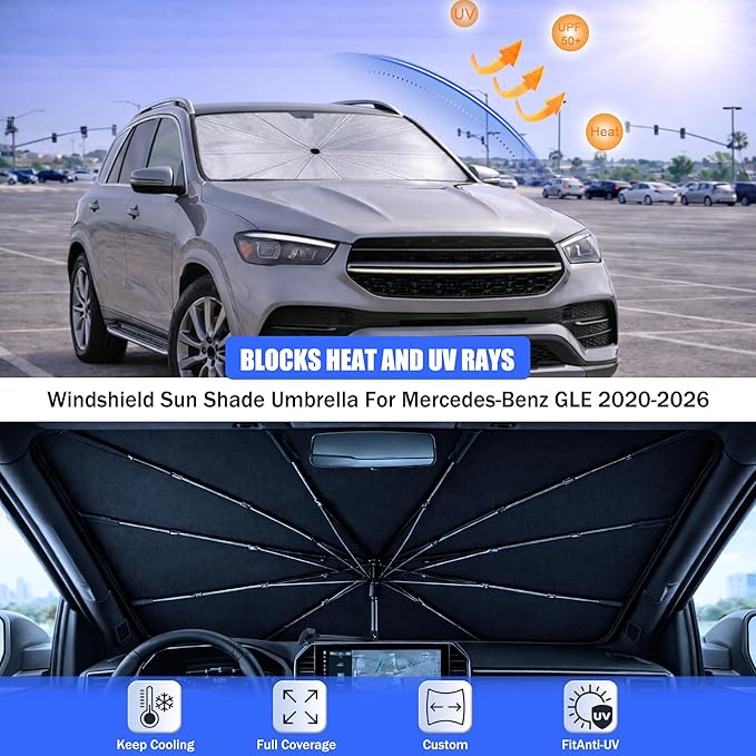 Car Windshield Sun Shade Umbrella - Custom-Fit for Mer ce-des Be-nz GLE 2020-2026 Umbrella Sunshade,Easy Install,UV Protection & Heat Reflective,Keep Interior Cooler with Storage Bag