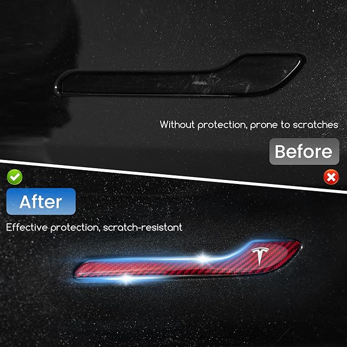 Polwlamks 4 Pack Door Handle Cover Fits Model Y/Model 3, Real Carbon Fiber Handle Cover Sticker, 3D Tesla Door Handle Protector Wrap Covers with 3M Self-Adhesive Backing, Tesla Red Accessories