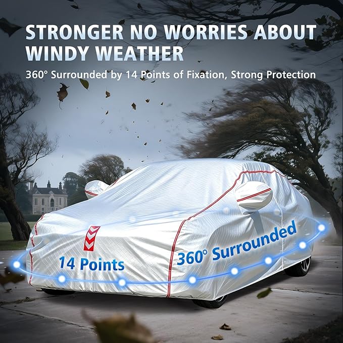 Car Cover, 360° Underbody Wrap Design, All-Weather Waterproof Car Cover, Suitable for Sedans, Vehicle Body Length up to 177 in