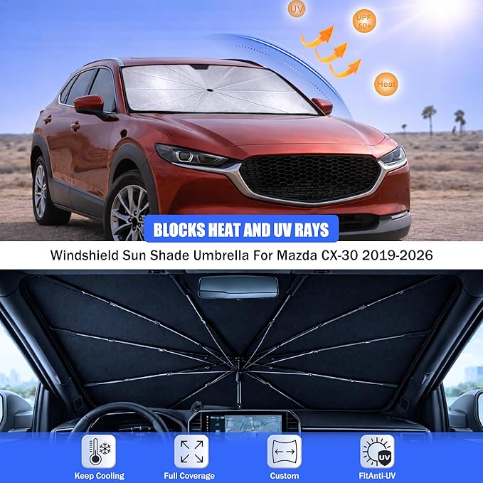 2026 Upgraded Car Windshield Sun Shade Umbrella - Custom-Fit for Mazda CX-30 2019-2026 Sunshade,UV Protection & Heat Reflective,Keep Interior Cooler with Storage Bag