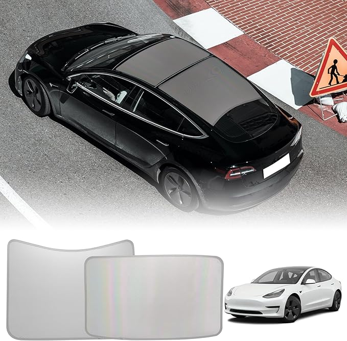ROCCS Sunshade Roof for Tesla Model 3 2023-2021 Colorful Ice Crystal Glass Roof Sunshade Sunroof No-Sag Design Retractable Sunshade Heat Insulation Roof Window Sun Protection Snap Foldable (White)