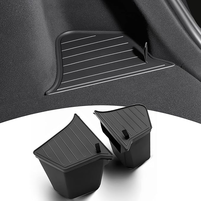 Trunk Storage Bin for Tesla Model Y Juniper Rear Trunk Organizer Corner Storage Trunk Side Storage Packets for Tesla Model Y 5 Seater 2 tpe buckets with lids (new model 2025 2026 y Juniper)
