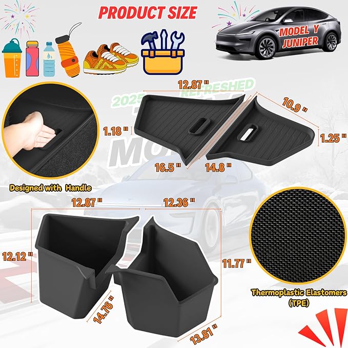 2 Pcs Trunk Storage Bins Compatible with 2025 2026 New Tesla Model Y Juniper Rear Trunk Side Organizer with Lids Hidden Compartment - TPE Waterproof, Black Interior Accessories