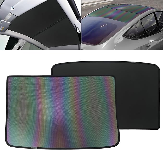 [2025 Upgrade] Sunshade Roof for Tesla New Model Y 2025 Juniper Colorful Ice Crystal Glass Sun Shade No-Sag Design Retractable Sunshade Heat Insulation Roof Window Sun Protection Foldable(Black)