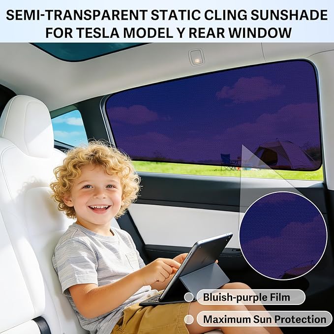 ZATOOTO Tesla Model Y Car Window Shade for Baby, Bluish-Purple Static Cling Car Shades for Back Window | Block Harsh Sunlight | UV Protection | Rear Window Sun Shade with Storage Bag | 2020-2024 |