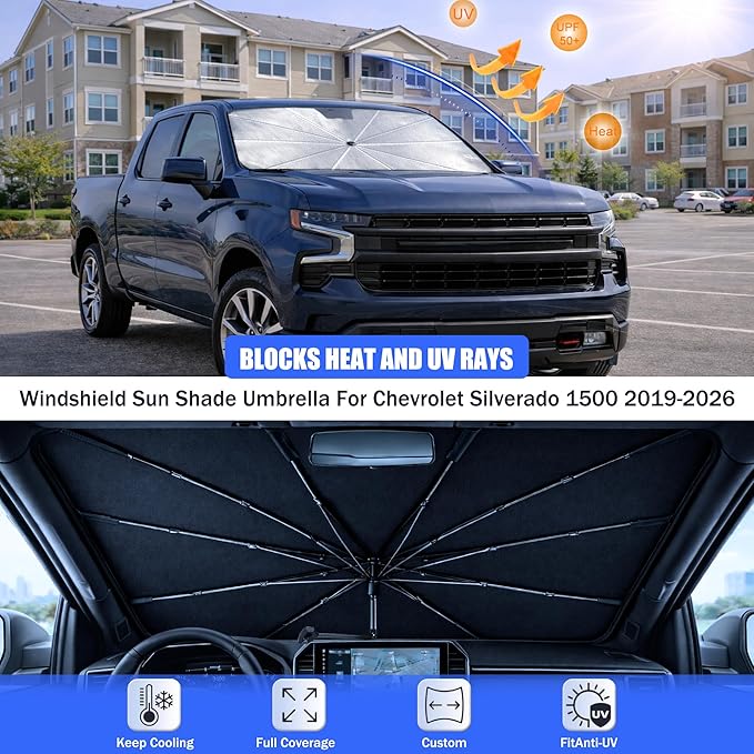 Car Windshield Sun Shade Umbrella - Custom-Fit for Che v-rol-et Silverado 1500 2019-2026 Umbrella Sunshade,Easy Install,UV Protection & Heat Reflective,Keep Interior Cooler with Storage Bag