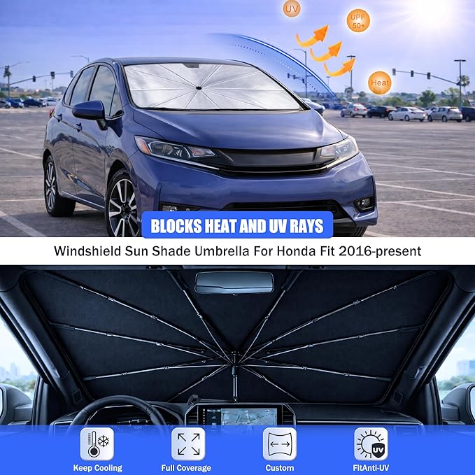 2026 Upgraded Car Windshield Sun Shade Umbrella - Custom-Fit for Honda Fit 2016-present Umbrella Sunshade,Easy Install,UV Protection & Heat Reflective,Keep Interior Cooler with Storage Bag