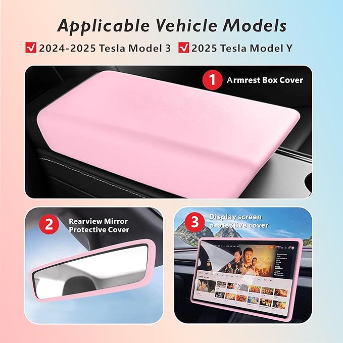 for 2024 2025 Model 3 Highland/2025 Model Y Juniper Center Console Armrest Cover Screen and Internal Mirror Protective Cover Interior Accessories (Pink-M3/Y-3pcs)