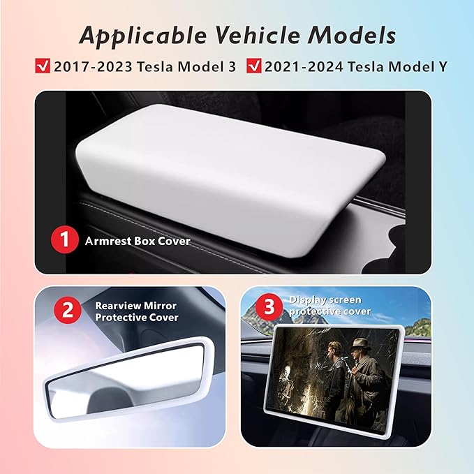 for 2017-2023 Tesla Model 3/2021-2024 Model Y Center Console Armrest Cover Screen and Internal Mirror Protective Cover Interior Accessories (White-M3/Y-3pcs)