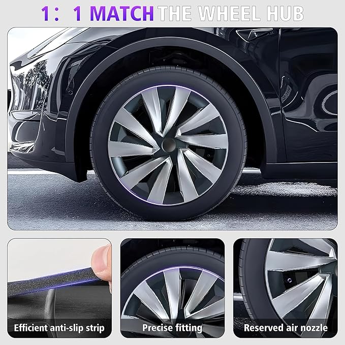 19 Inches Wheel Covers for 2025 2026 Tesla Model Y Juniper, Hub Protection Accessory, Replacement for Tesla Model Y 2025 Rim Protector, ABS Hubcaps 4-Piece, Black and White Color Contrast