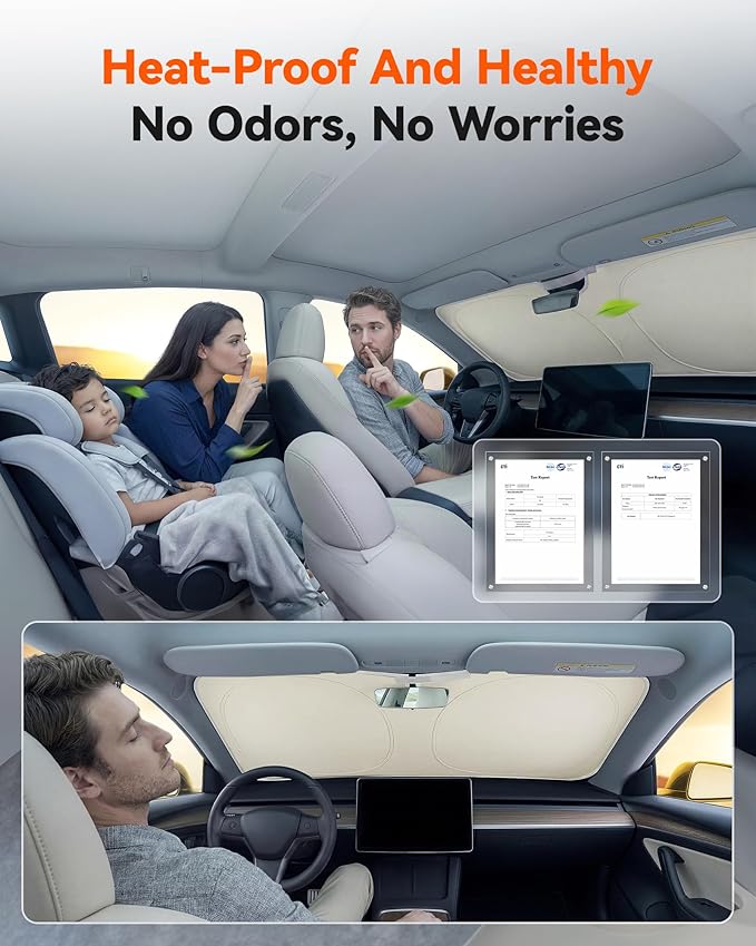 WOLFBOX Double-Layer Car Windshield Sun Shade Tesla Model Y/Model 3-Foldable Vinyl Coated Front Window Sunshade, UV Blackout&Heat Visor Protector Model Y Juniper/Model 3 Highland(56.30''L*37''W)
