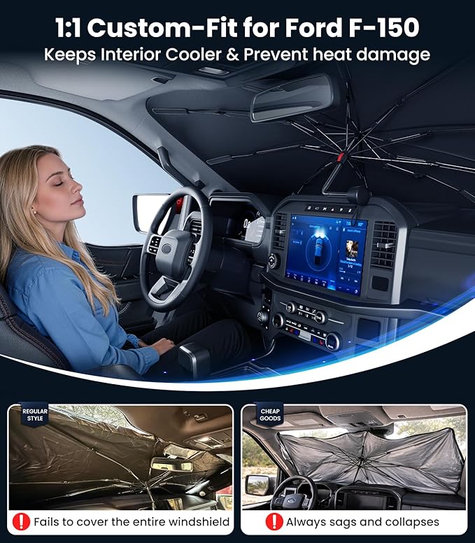 Zanch 2026 Upgraded Windshield Sun Shade Umbrella: Custom Fit for Ford F150 F250 F350 2015-2025 Front Window Sunshade, Block UV Rays & Keep Car Cool, 1:1 Scan for F150/250/350, No Gaps & No Scratches.