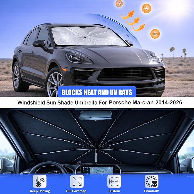 2026 Upgraded Car Windshield Sun Shade Umbrella - Custom-Fit for Porsche Ma-c-an 2014-2026 Umbrella Sunshade,Easy Install,UV Protection & Heat Reflective,Keep Interior Cooler with Storage Bag