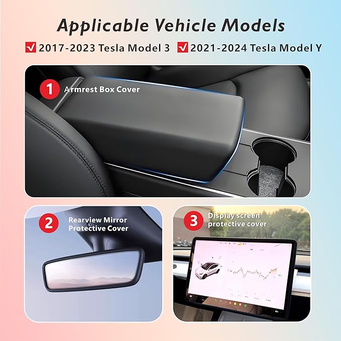 for 2017-2023 Tesla Model 3/2021-2024 Model Y Center Console Armrest Cover Screen and Internal Mirror Protective Cover Interior Accessories (Black-M3/Y-3pcs)