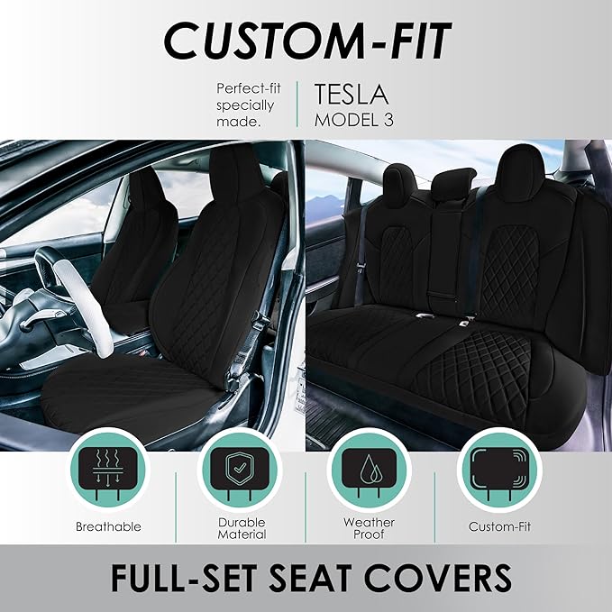 FH Group Custom Fit Car Seat Covers Specifically Made for 2017–2023 Tesla Model 3 Full Set Black Ultraflex Neoprene Car Seat Covers, Waterproof Automotive Seat Covers, Tesla Accessories