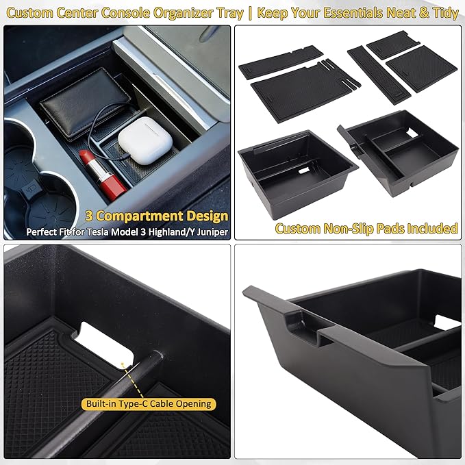 RUTU 8PCS Center Console Organizer for 2025-2026 Tesla Model Y Juniper (Premium & Performance), TPE Armrest Storage with Bottom Mats, Cup Holder, Wireless Charger Mat, Camera Cover