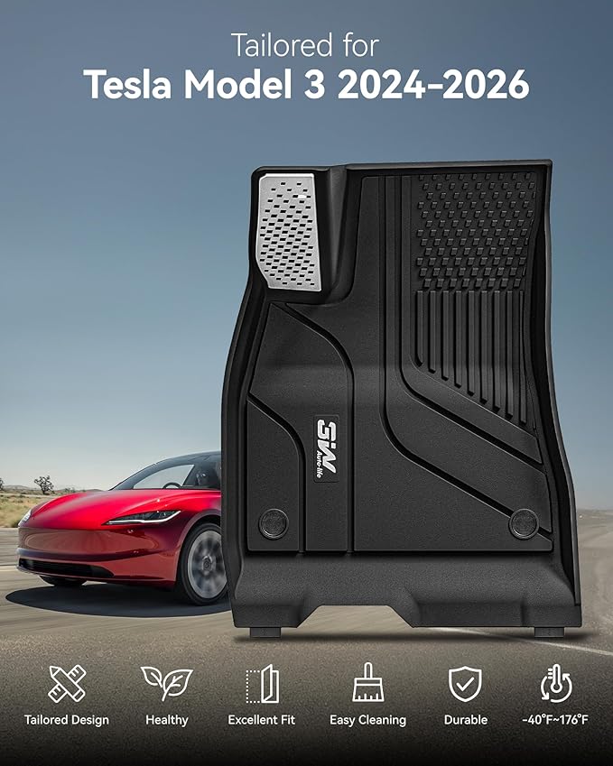 3W Tesla Model 3 Floor Mats 2026 2025 2024 with Mental Pedal, Full Set with Seatback Protector, Highland All Weather Custom Fit Rear Trunk Mat Accessories Black