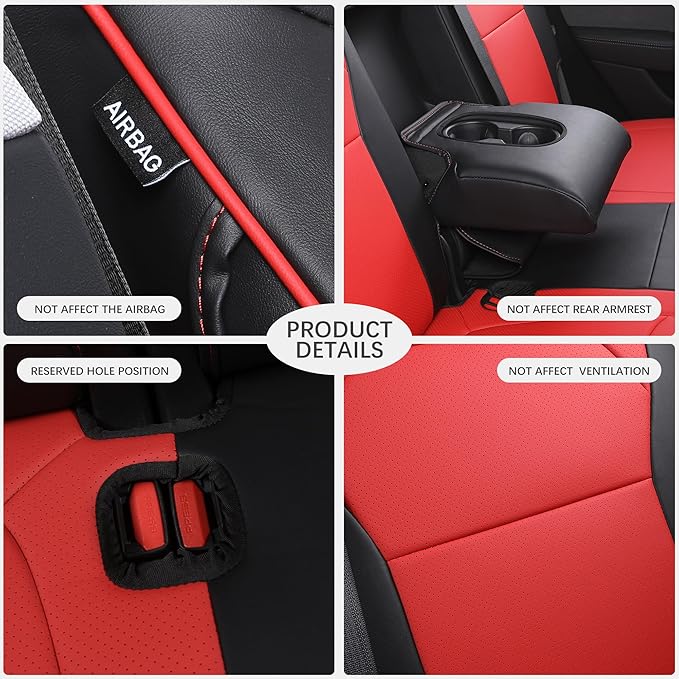 Custom Fit Seat Covers for 2025 2026 Tesla Model Y Juniper (5-Seater) - Ventilated Seats & Rear Screen Compatible - Nappa Leather Full Set Car Seat Protectors (Black+Red, Model Y 2025)