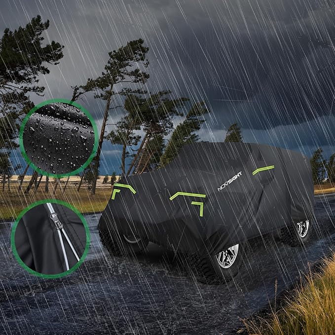 NOVSIGHT Car Cover for Jeep Wrangler 4 Door - Waterproof All Weather Outdoor Cover (2007–2025 JKU JL), Windproof with Straps, 210D Oxford Fabric, Reflective Strips