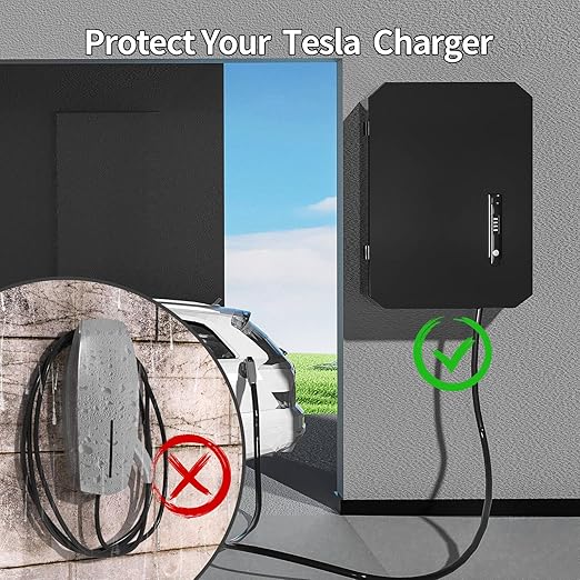 Wall-Mounted 1.2mm Cold Rolled Steel Electric Vehicle Charging Protection Box for Tesla, Waterproof Indoor/Outdoor Enclosure with Lock | Seamless One-Piece Design (Black)