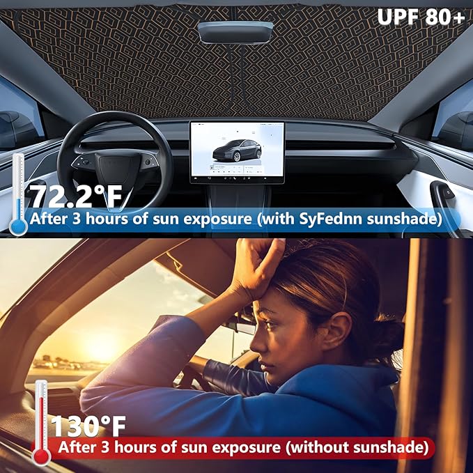 Iridescent Windshield Sun Shade Custom Fit Tesla Model 3/Y, Upgrade 5 Layers 480T Laser Titanium Silver Window Car Sunshade, Mirror Cut-Out, Rhombus Lattice Shades for Front Window, Block UV Rays Heat
