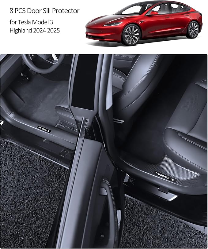 2025 8PCS Tesla Door Sill Protector for Model 3 2024 2025 Highland, Carbon Fiber Door Sill Scuff Plate Edge Guard, Front and Rear Door Entry Guard Scuff Plate Carpet Front Rear Sill