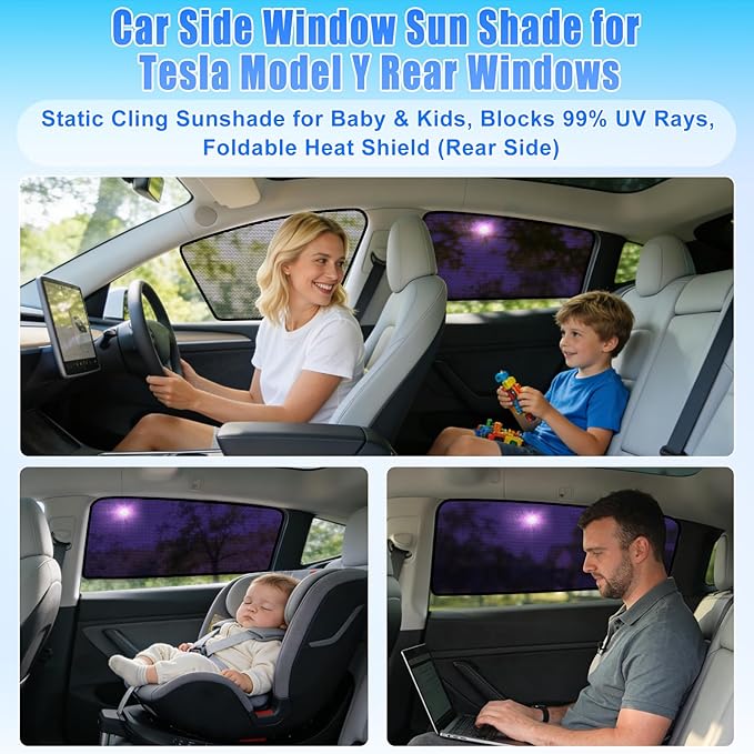 ZATOOTO Tesla Model Y Car Window Shades for Side Windows Sun Shade Static Cling | Front for Driver Visibility | Rear for Baby Sun Protection | Specific fit Frameless Doors | 2020-2024