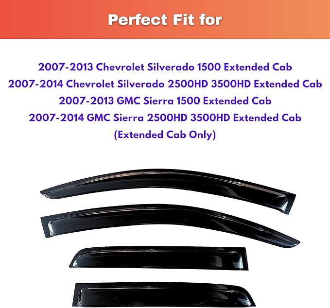 KPY Rain Guards for 2007-2013 Chevrolet Silverado/GMC Sierra 1500 Extended Cab, Out-Channel Window Visor Vent Deflector, Truck Accessories 2007-2014 Chevy Silverado/Sierra 2500HD 3500HD (Extended Cab)