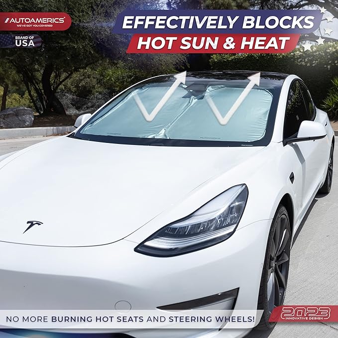 Autoamerics 1-Piece Tesla Model Y Sunshade & 3 Sunshade - Special Design for Model Y & 3 Windshield - Foldable Lightweight M3 Sun Shield - 2023 Tesla Y/3 Accessories