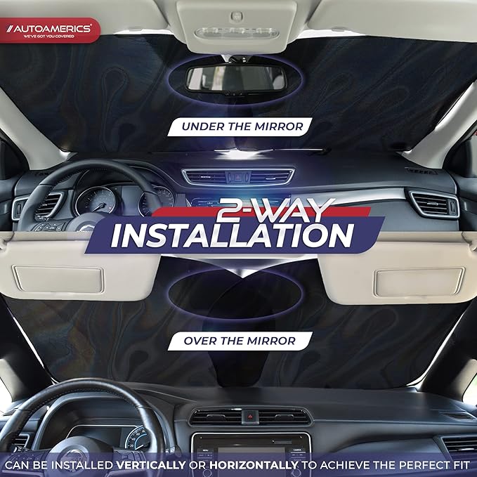 Autoamerics 2-Piece Windshield Sun Shade - Chrome Liquid Foldable Car Front Window Sunshade for Most Cars SUV Truck Heat Blocker Visor Protector Blocks Max UV Rays and Keeps Your Vehicle Cool - Large