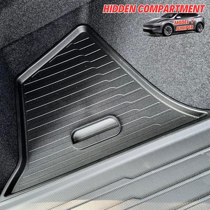 2 Pcs Trunk Storage Bins Compatible with 2025 2026 New Tesla Model Y Juniper Rear Trunk Side Organizer with Lids Hidden Compartment - TPE Waterproof, Black Interior Accessories