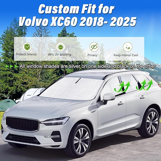 KMF 8pcs Thicken Sun Shades for Volvo XC60 2018-2025 Accessories, Full Car Window Covers Sunshade for Windshield Side Rear, UV Block and Blackout Protect Privacy for Car Camping Outdoor