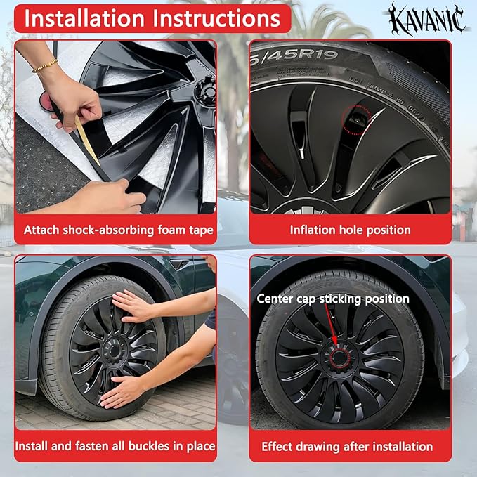 KAVANIC 4PCS Wheel Covers Fits for Tesla Model Y 19 Inch Matte Black Support Long Range Logo Symmetry Design Uberturbine Style fits for Model Y Gemini 2020-2024 Hubcaps Replacement (RWD/AWD)