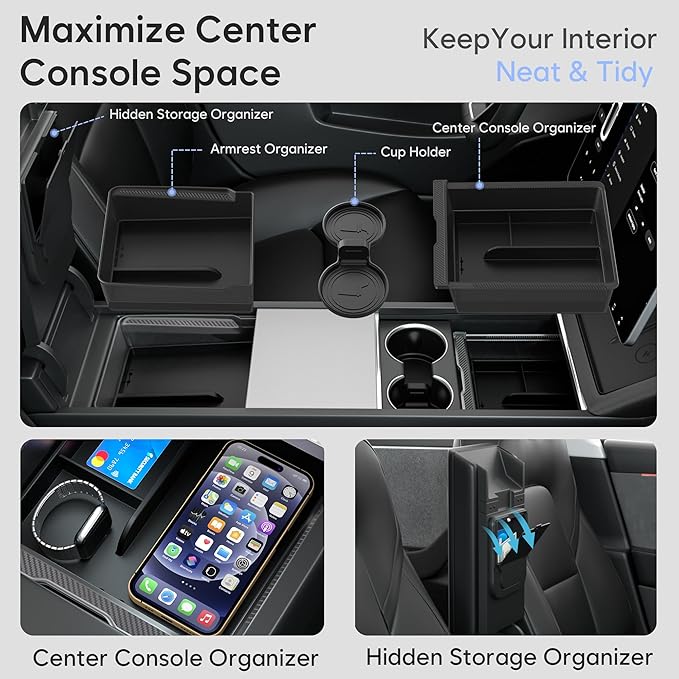 Farmogo Center Console Organizer Tray for Tesla Model Y Juniper (Only Premium & Performance 2025-2026) & Model 3 Highland (2024-2026) Accessories [Premium PC + Silent Silicone Liner] 4pcs Black