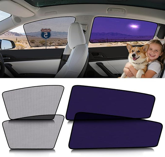 ZATOOTO Tesla Model 3 Car Window Shades 4Pack | Clear for Safe Driving | Bluish-Purple for Passenger Comfort | UV Protection | Static Cling Side Window Sun Shade Blocker with Storage Bag | 2018-2025 |