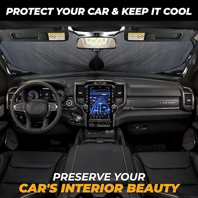 X-Large Truck Windshield Sun Shade (69" x 35") - 240T Thickened Windshield Sun Shade for UV & 99% Heat Blocker - Keeps Your Vehicle Cool and Truck Interior Cooling Accessory for Summer Protection