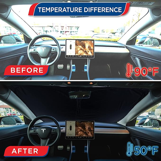 MAXORION Tesla Model 3 & Y Sunshade Windshield- Made from Genuine 2-Layer Material. in Addition to The Tesla Model 3 and Y Windshield Sun Shade, a Cleaning Cloth is Also Included in The Package.