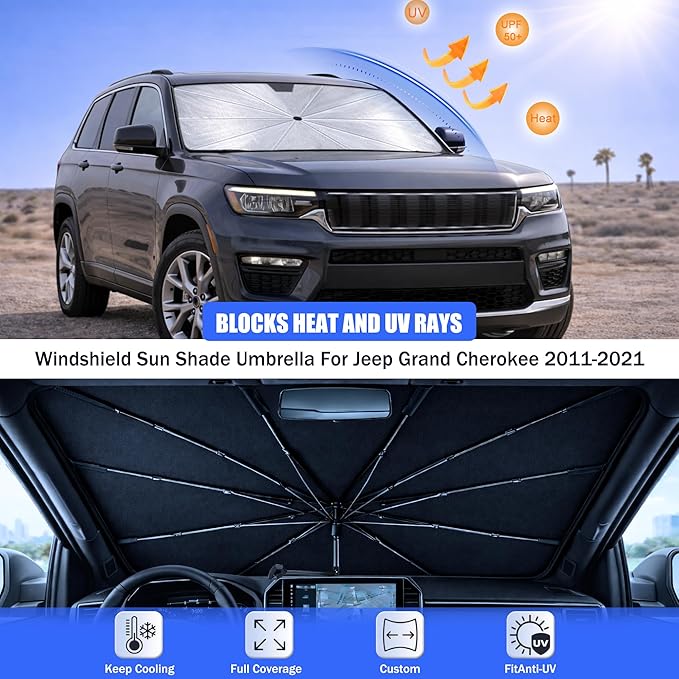 Car Windshield Sun Shade Umbrella - Custom-Fit for Jeep Grand Cherokee 2011-2021 Umbrella Sunshade,Easy Install,UV Protection & Heat Reflective,Keep Interior Cooler with Storage Bag